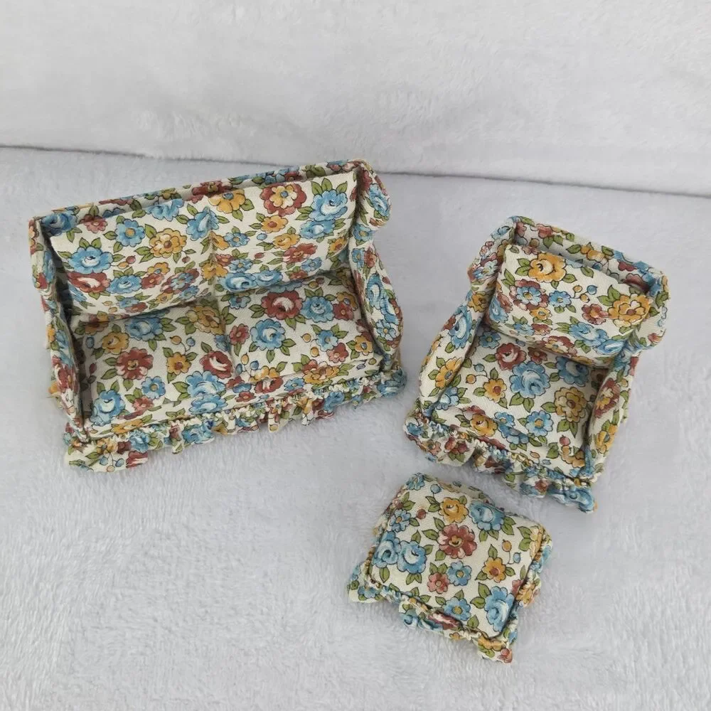 Vintage Dollhouse Living Room Furniture Sofa Chair Ottoman Floral Upholstery